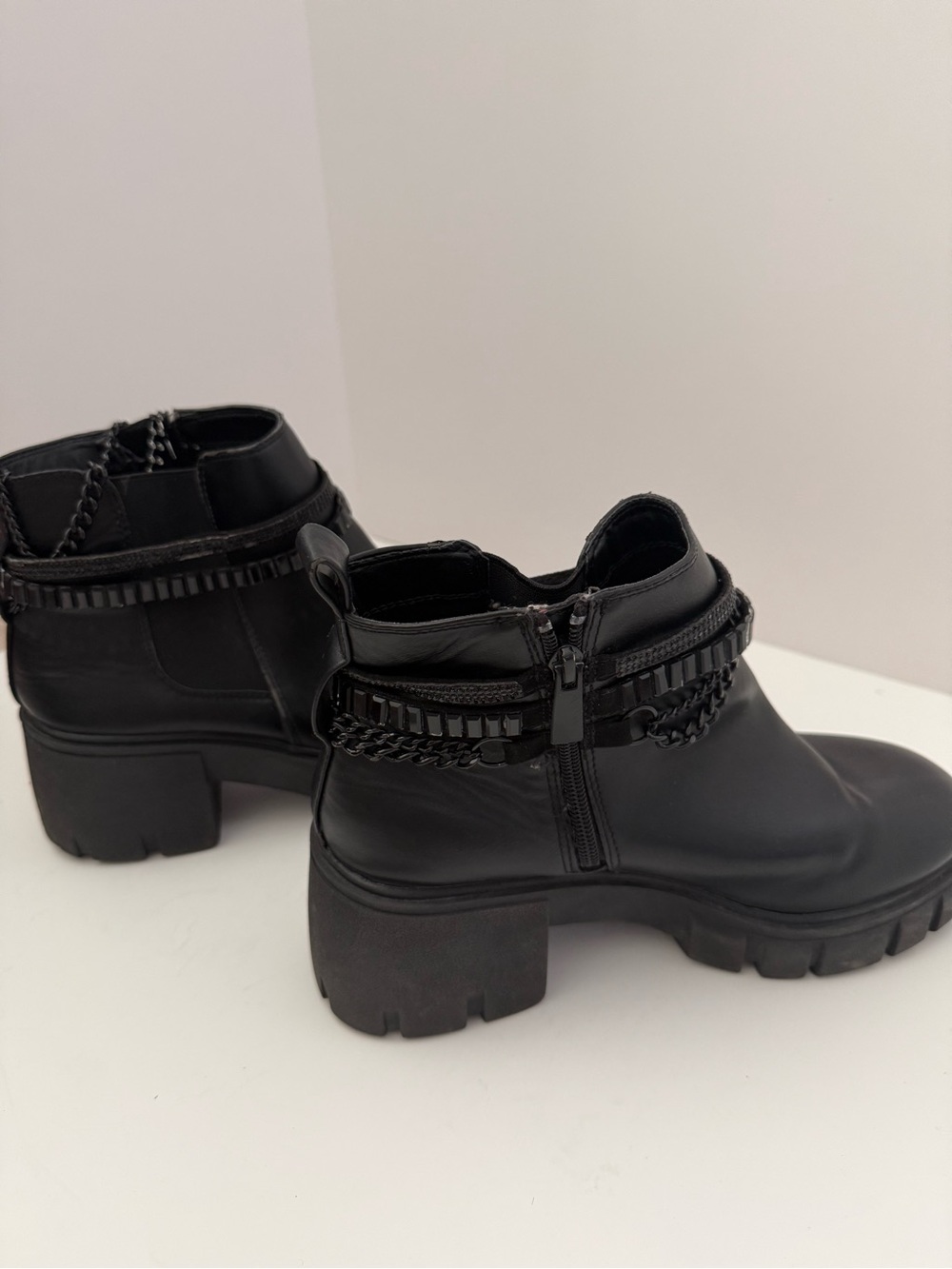 Torrid Black Moto Ankle Boots Chunky Lug Heel Chain Rhinestone Y2K